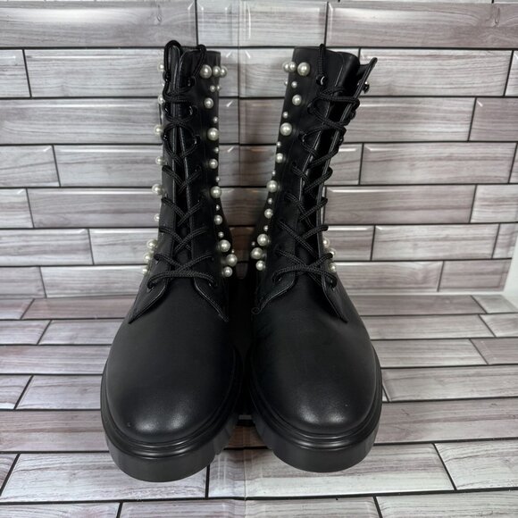 Stuart Weitzman Women's Black Mcknzee Pearl Studded Leather Combat Boots Size 9 - Picture 2 of 7